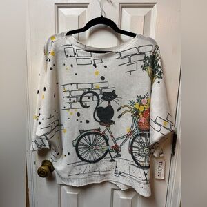 NWT: Italian Lightweight Sweater with Cat and Bicycle Design